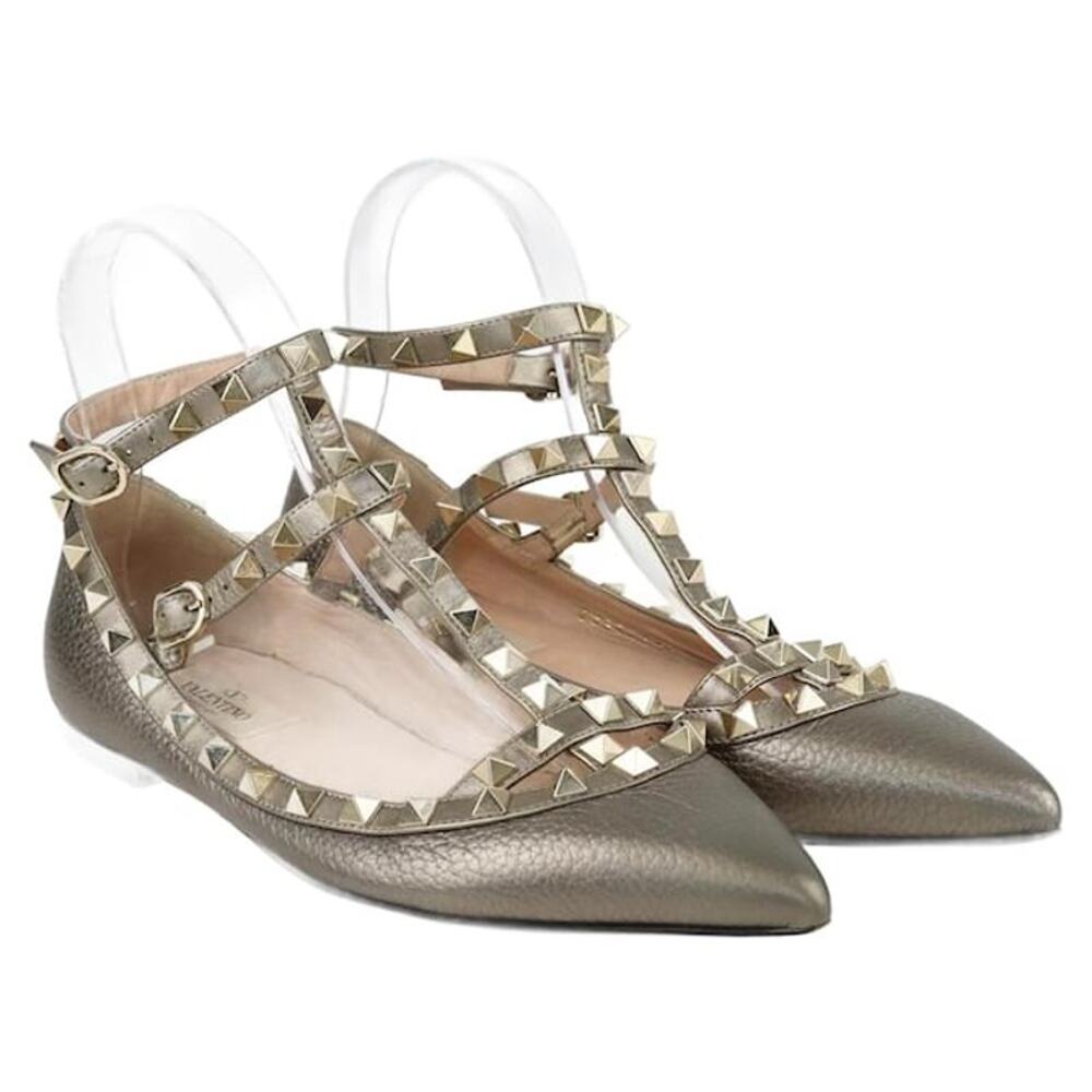 Valentino Women's Rockstud Metallic Leather Ballet Flats Ankle Strap Size 36.5